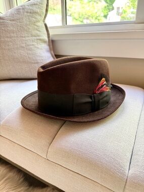 Vintage VERY RARE Stetson Brown Fedora Hat w/ Feather and Black Grosgrain Band